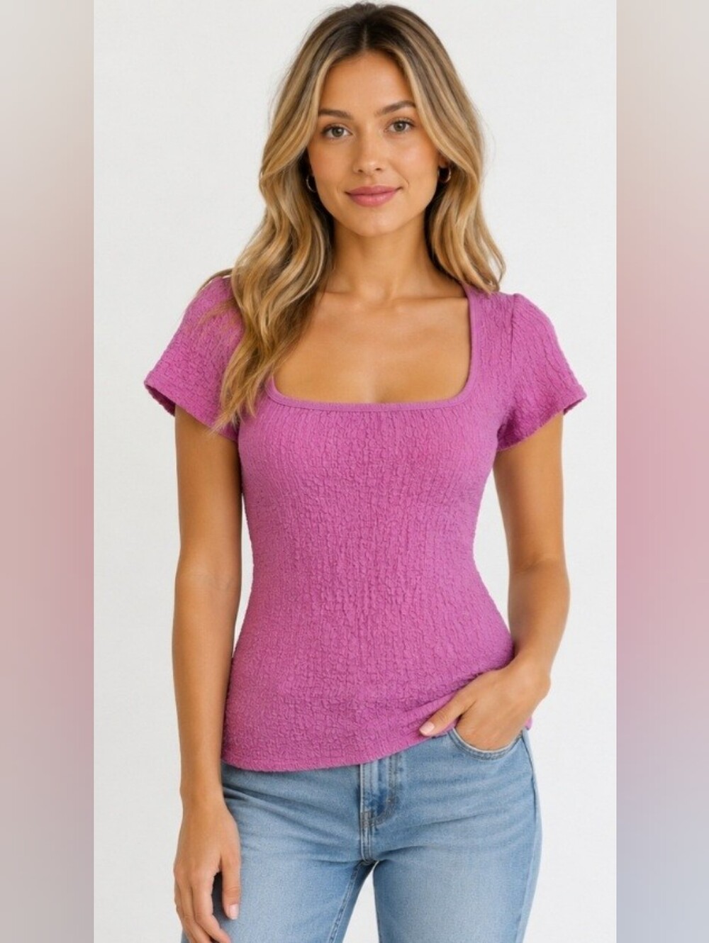 Old Navy Pink Smocked Top Sz Small Tall Textured Square Neck Short Sleeve NWT